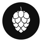 Black round beer coaster with white hop cone graphic