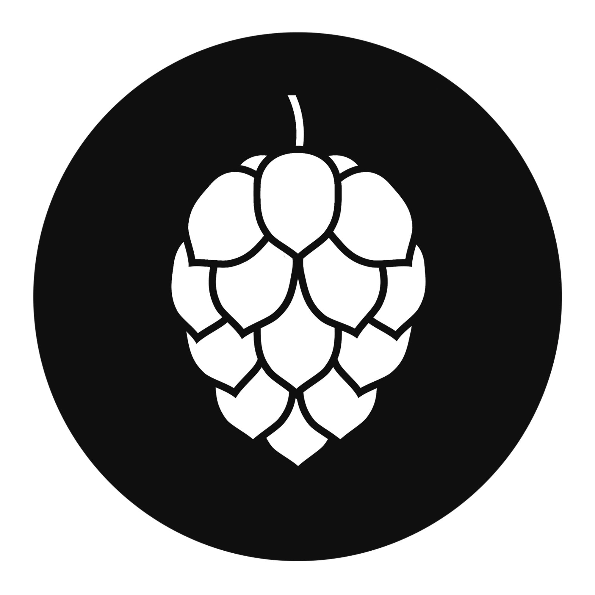 Black round beer coaster with white hop cone graphic
