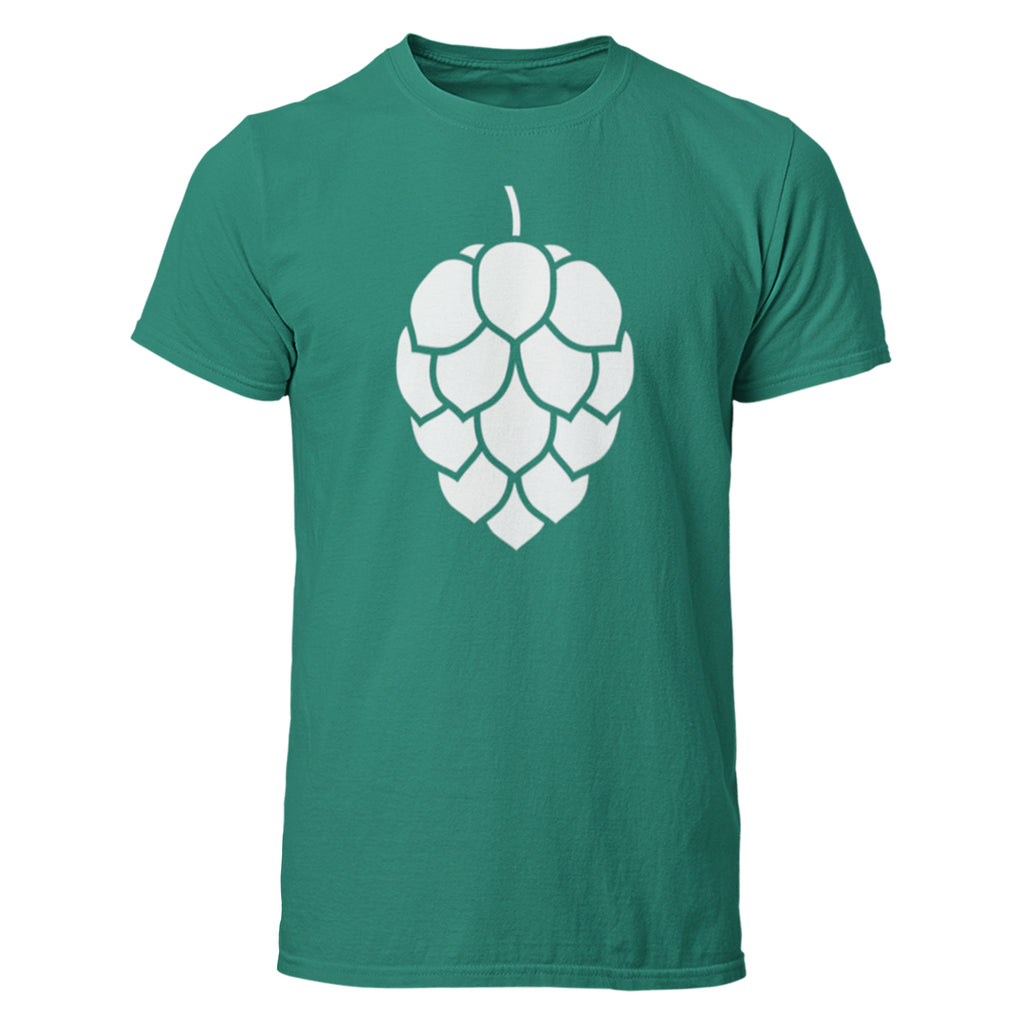 Green beer shirt featuring minimalist white hop cone design