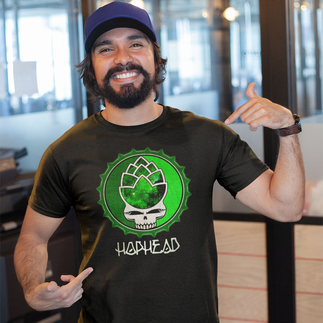 Black ringspun cotton t-shirt with bottle cap skull and hops