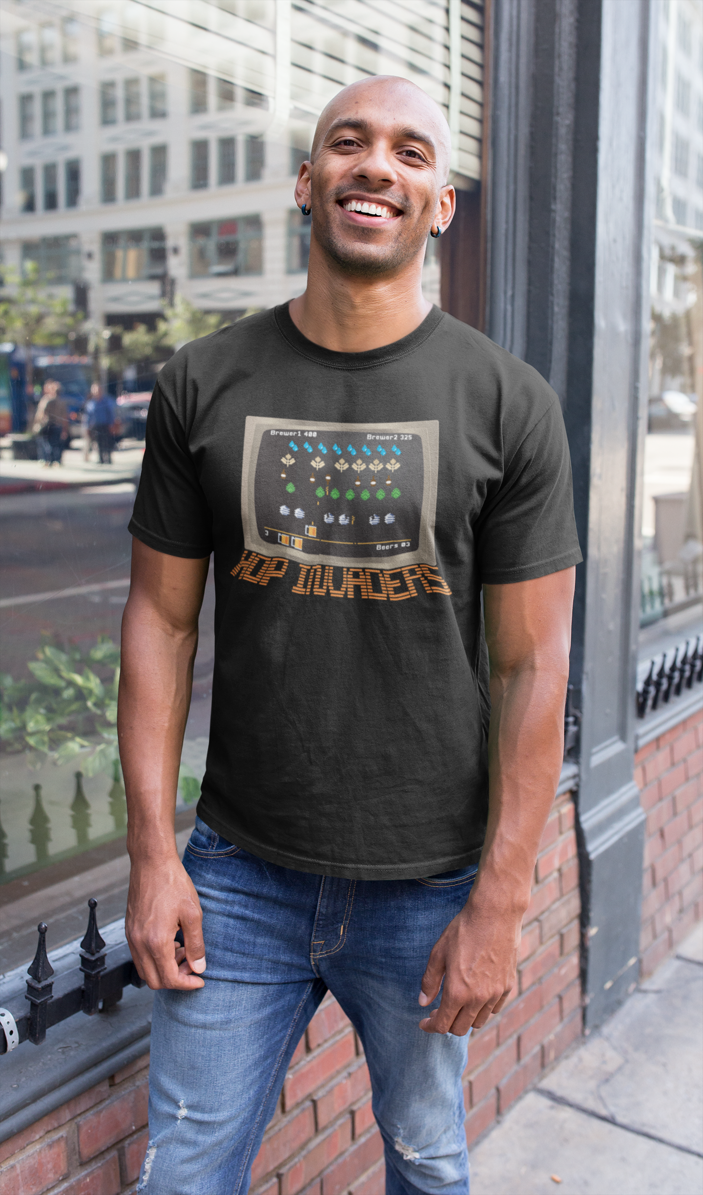 Craft beer shirt showing hop invaders descending like video game aliens