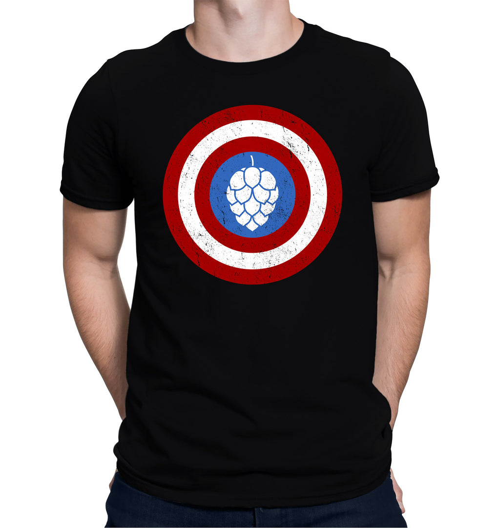 Black t-shirt parodying Captain America’s shield with a hop cone center