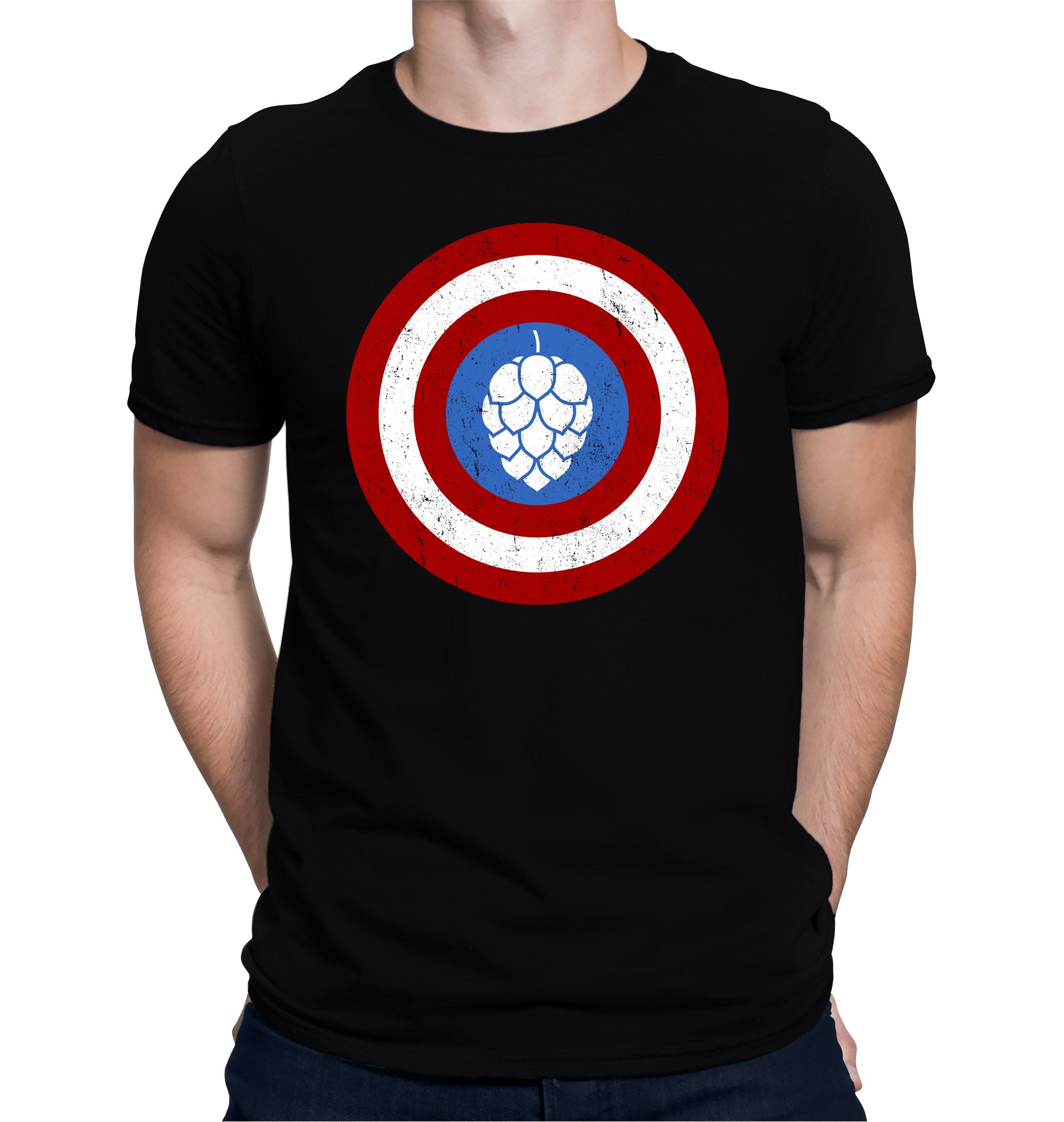 Black t-shirt parodying Captain America’s shield with a hop cone center