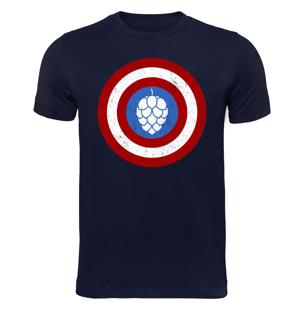 Blue craft beer shirt featuring superhero-inspired hop emblem