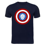 Blue craft beer shirt featuring superhero-inspired hop emblem