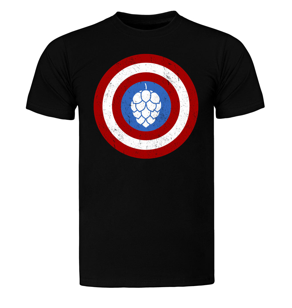 Hop-themed shield logo on unisex beer t-shirt