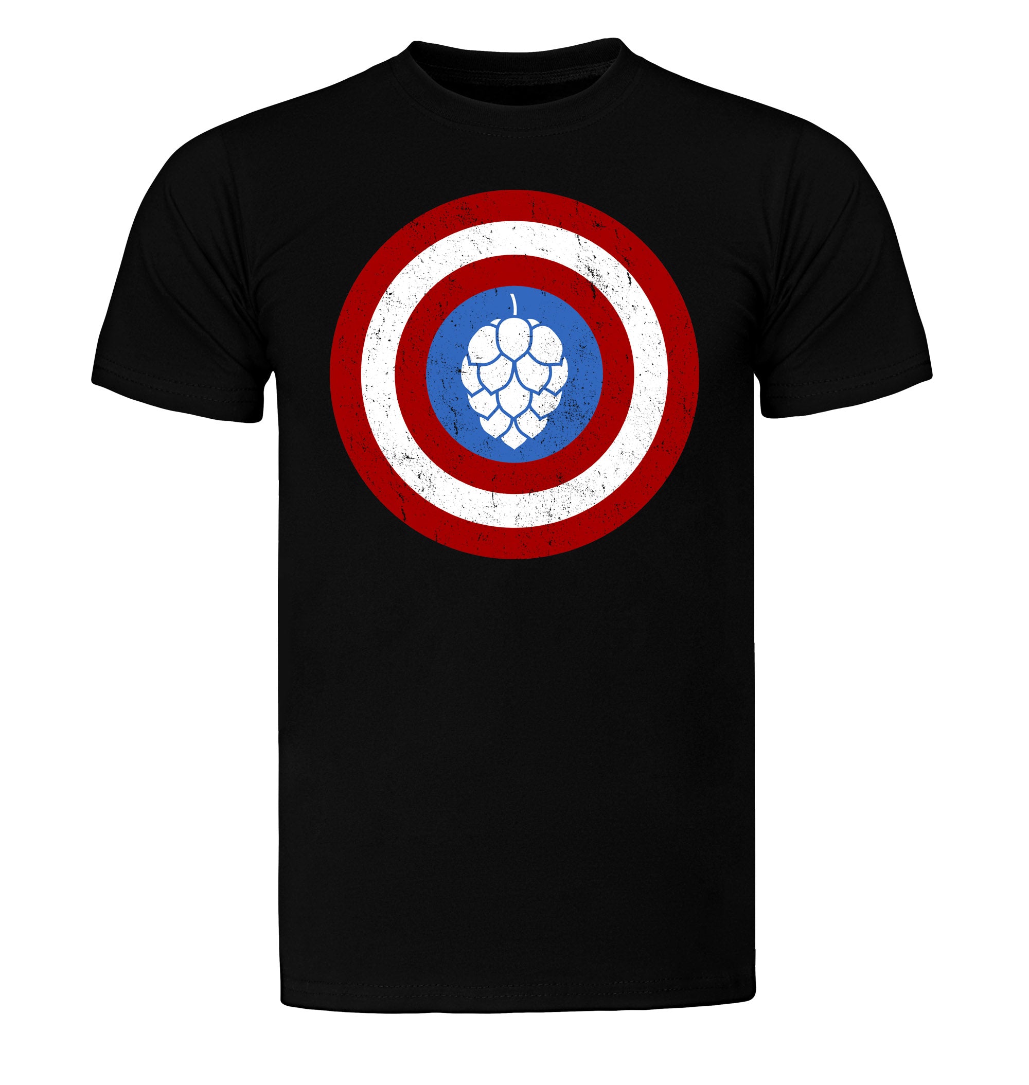Hop-themed shield logo on unisex beer t-shirt