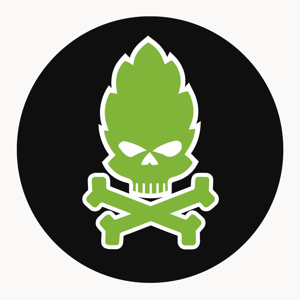 Round black coaster with neon-green hop skull and crossbones design
