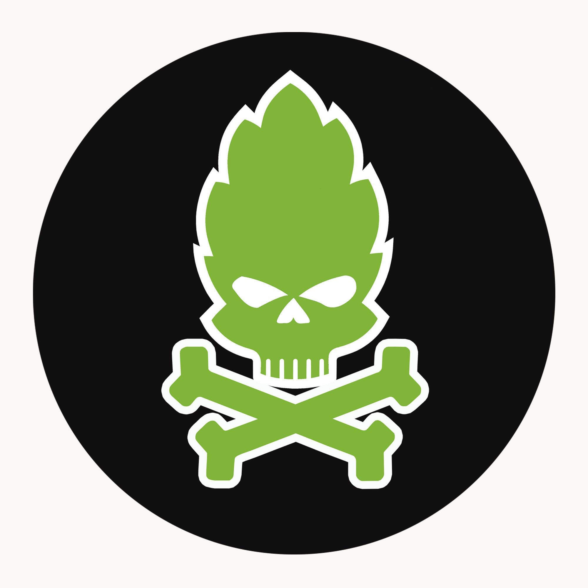 Round black coaster with neon-green hop skull and crossbones design