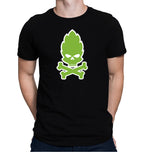 Black t-shirt with green hop skull and crossbones graphic