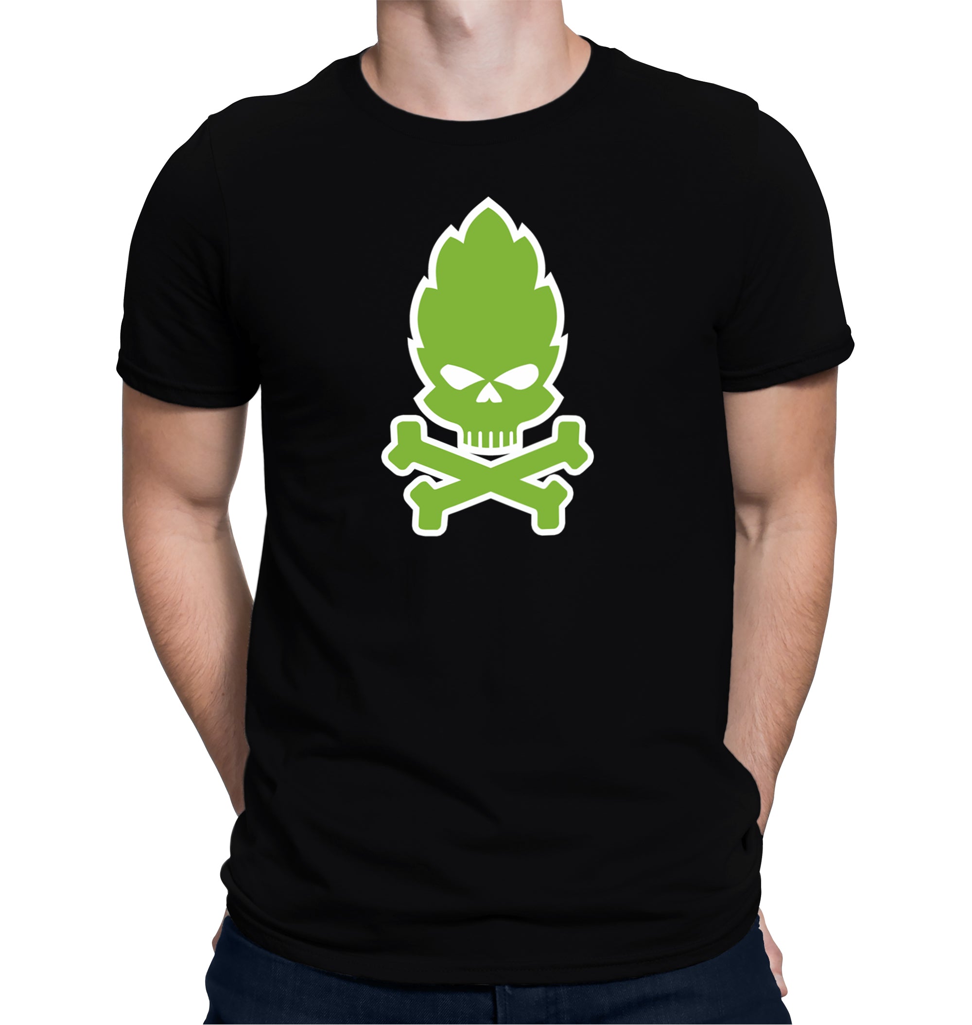Black t-shirt with green hop skull and crossbones graphic