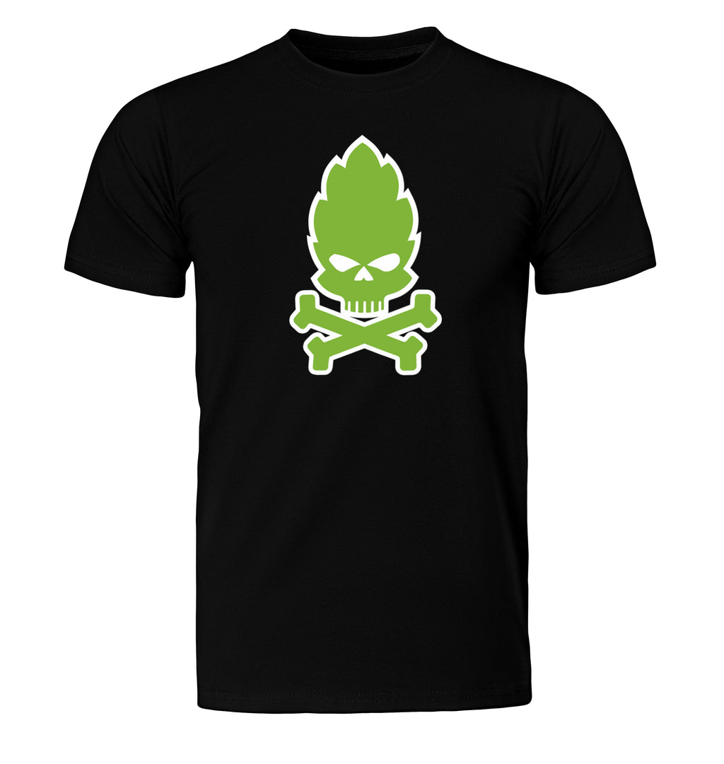 Unisex black shirt with lethal hop cone skull desig
