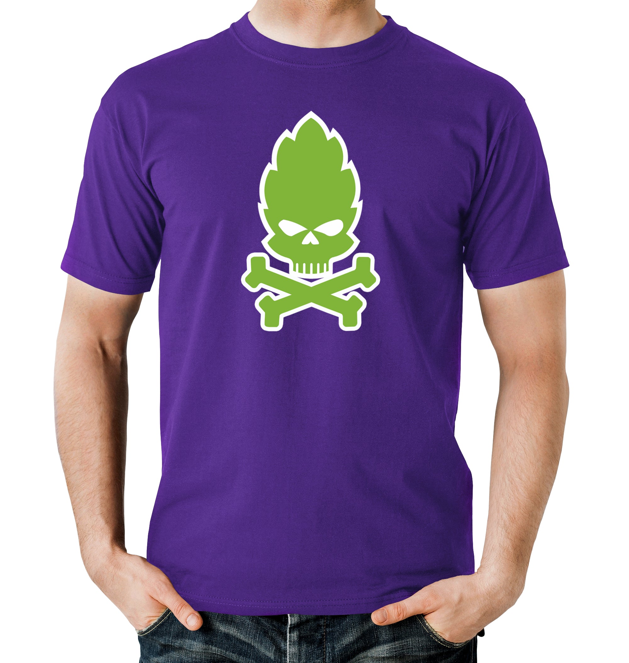 Hop Skull and Crossbones Craft Beer Purple T-Shirt on Model