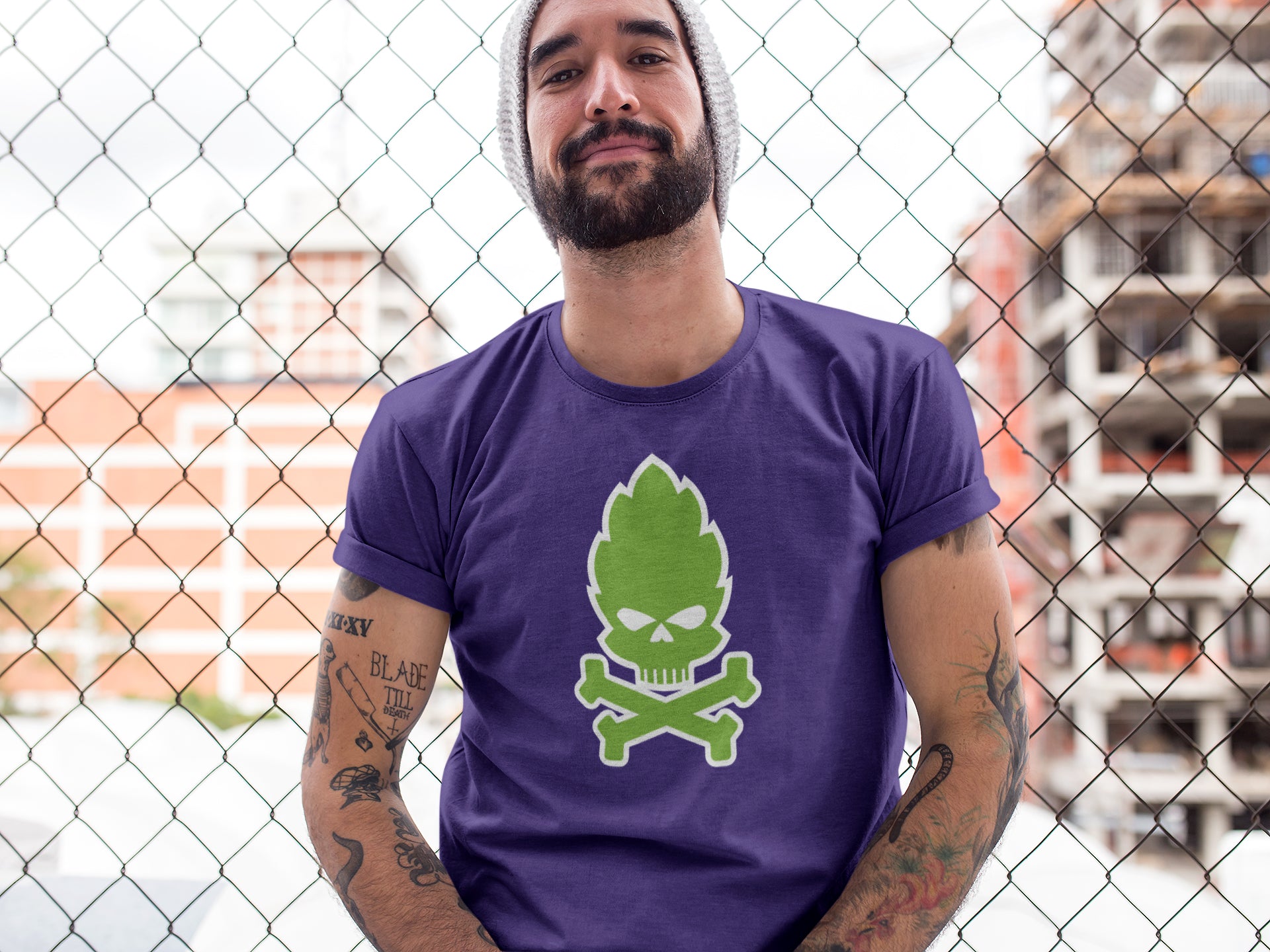 Craft beer enthusiast tee with neon hop skull illustration
