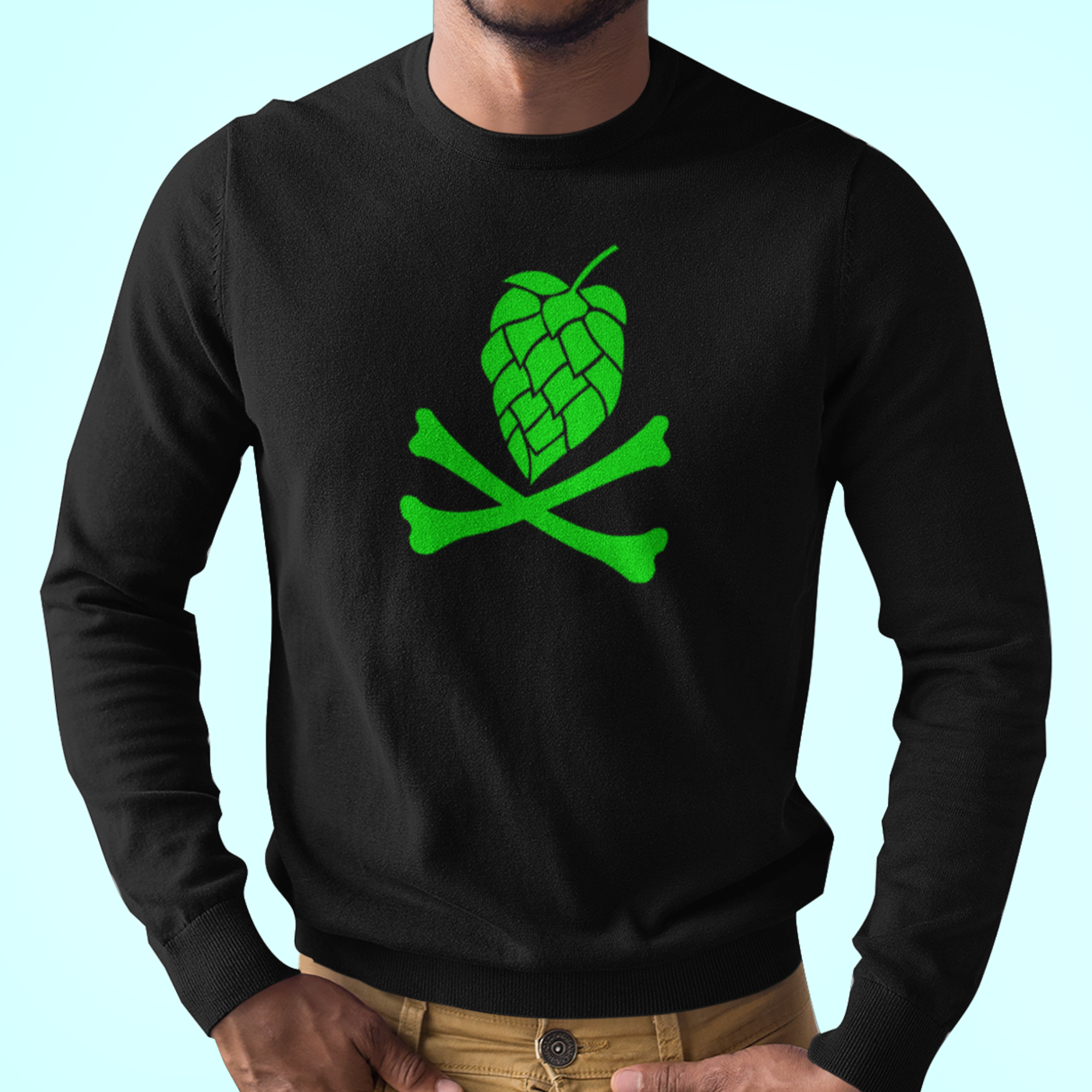 Longsleeve beer shirt with green hops and crossbones graphic