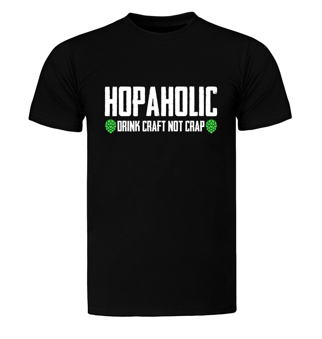 Black T-shirt featuring Hopaholic Drink Craft Not Crap design with hop cones