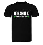 Black T-shirt featuring Hopaholic Drink Craft Not Crap design with hop cones