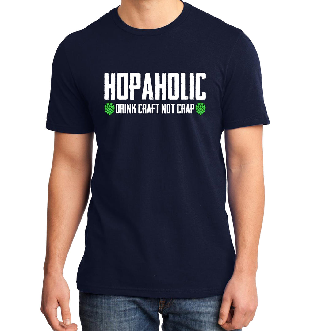 Unisex shirt with white and neon-green hopaholic message on navy