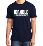 Unisex shirt with white and neon-green hopaholic message on navy