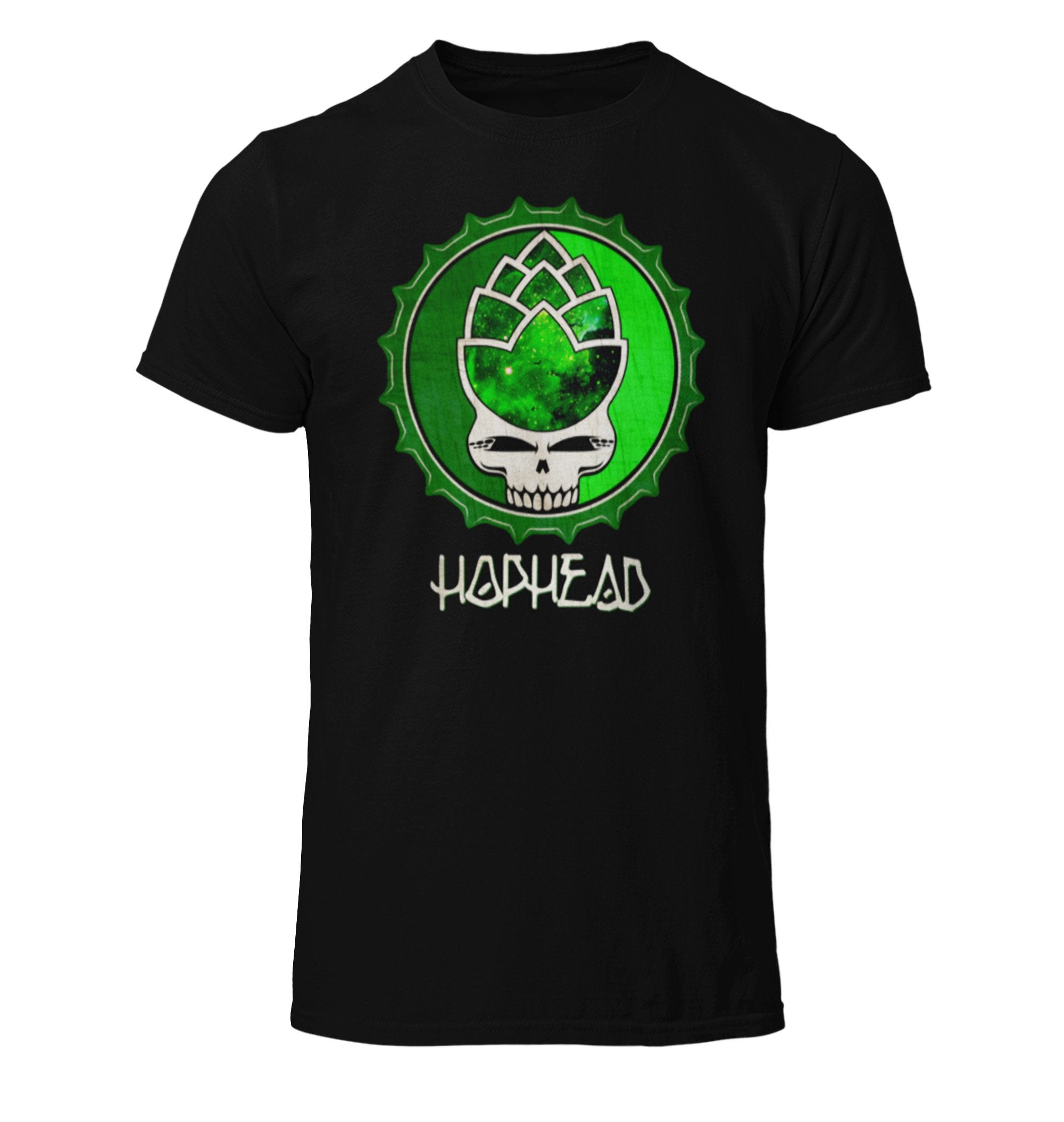 Grunge beer shirt featuring psychedelic hop-skull design