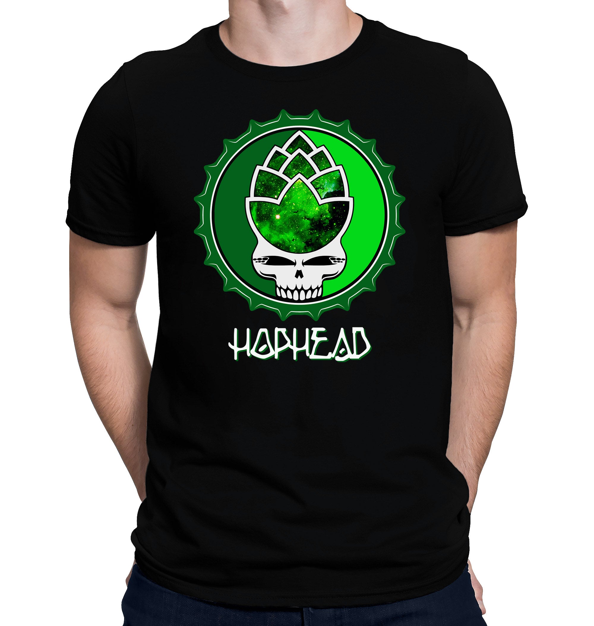 Hop Head Bottle Cap Skull T-Shirt with graffiti-style tex