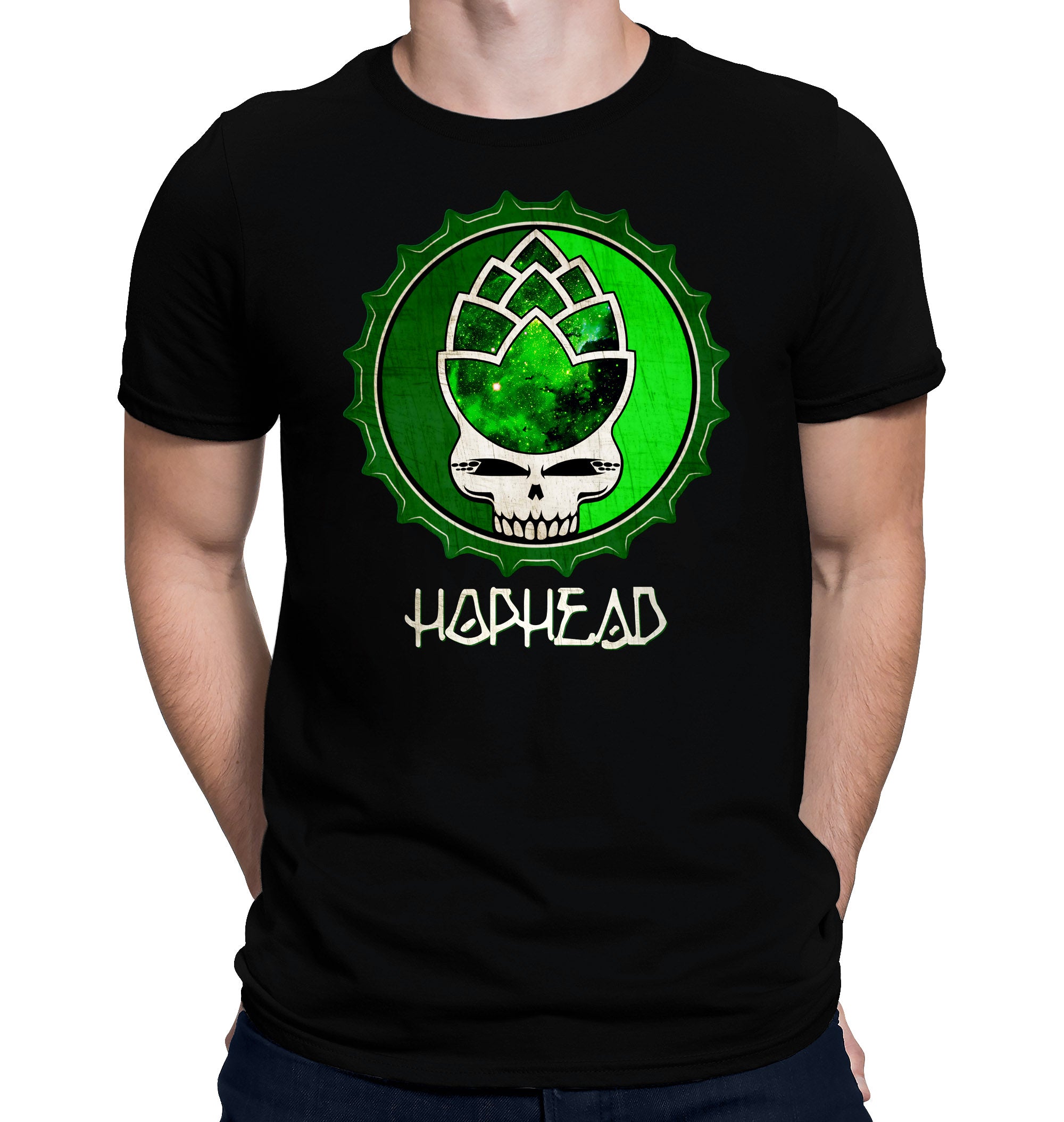Hop Head Bottle Cap Skull Beer Black T-Shirt Distressed Print