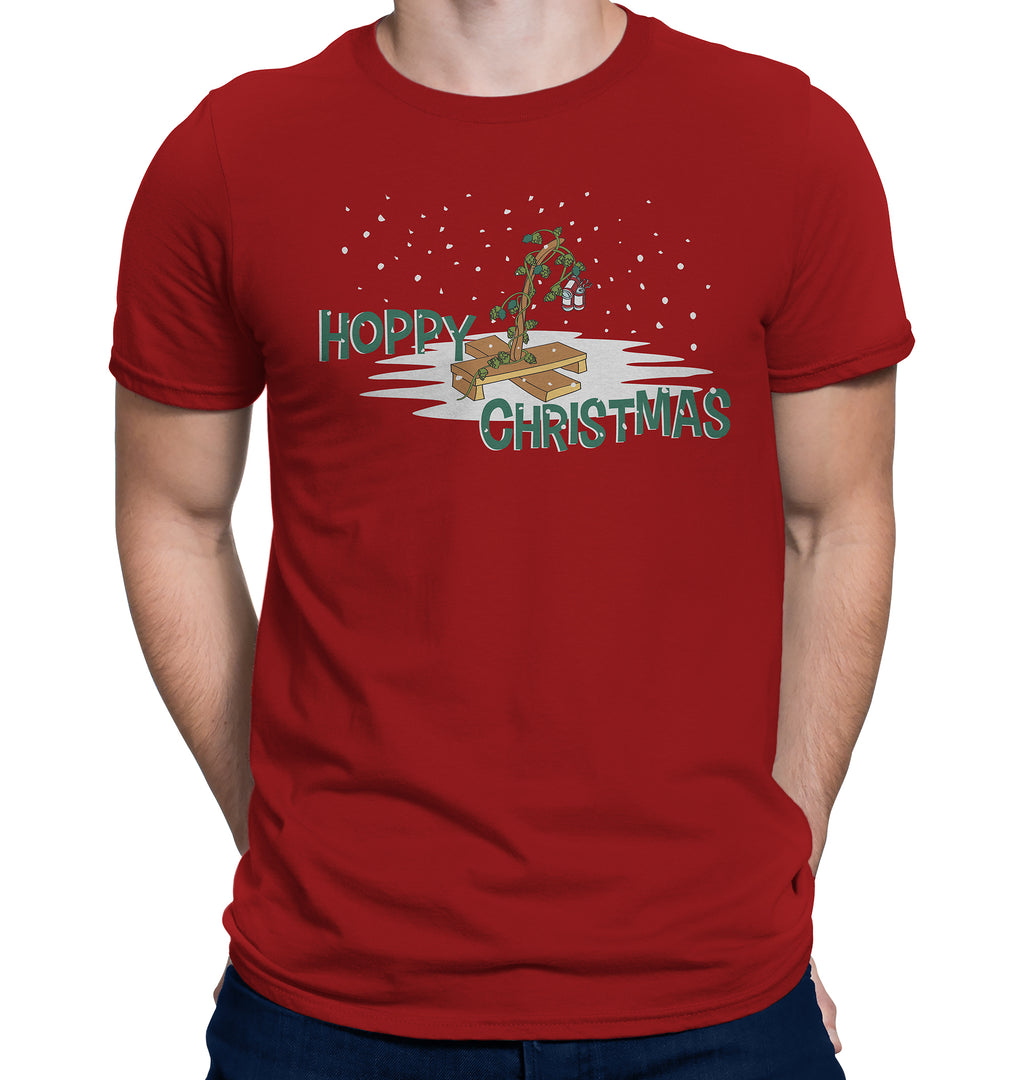 Red Hoppy Christmas t-shirt featuring a single hop vine holding pint glasses in the snow