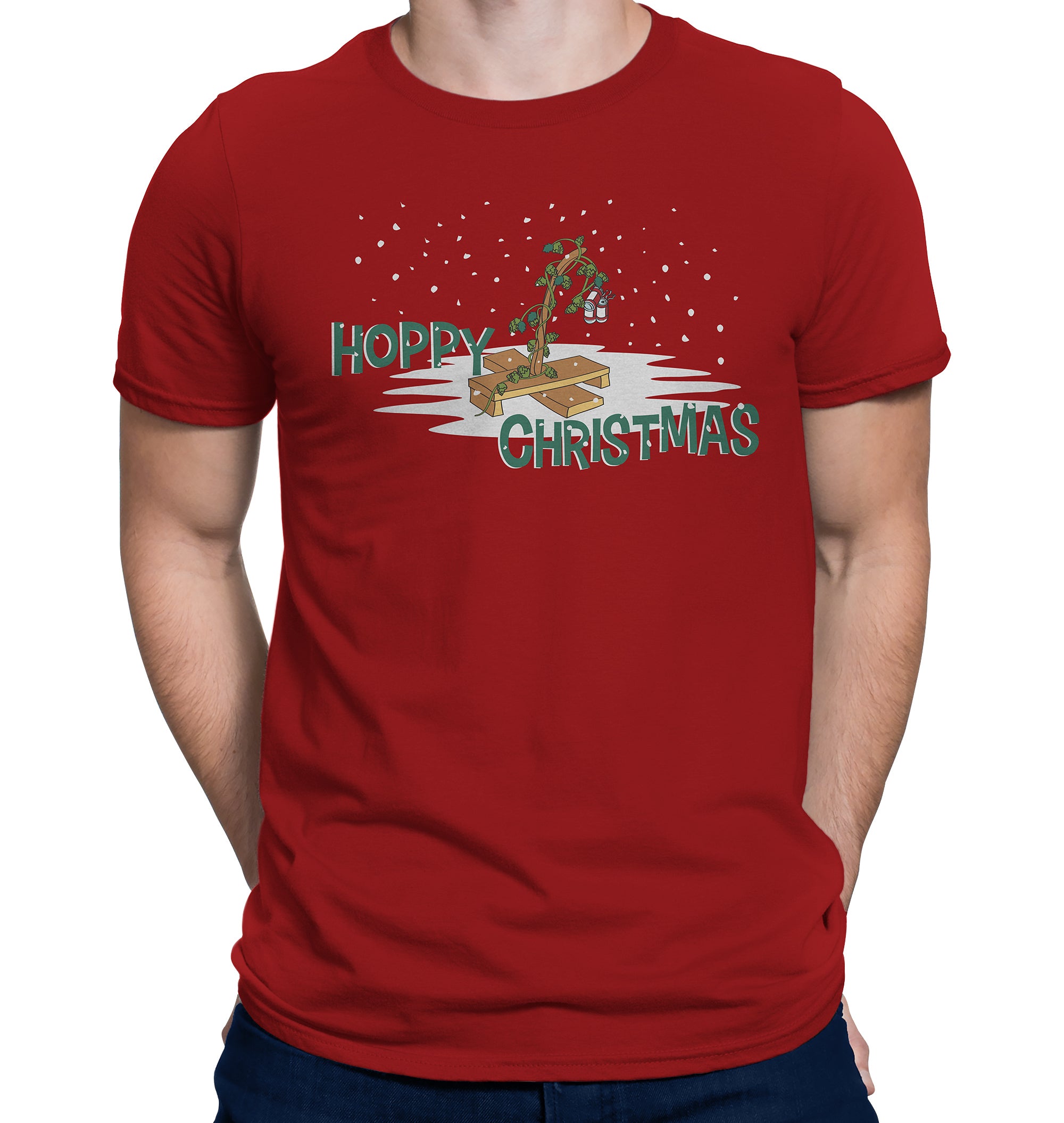 Red Hoppy Christmas t-shirt featuring a single hop vine holding pint glasses in the snow