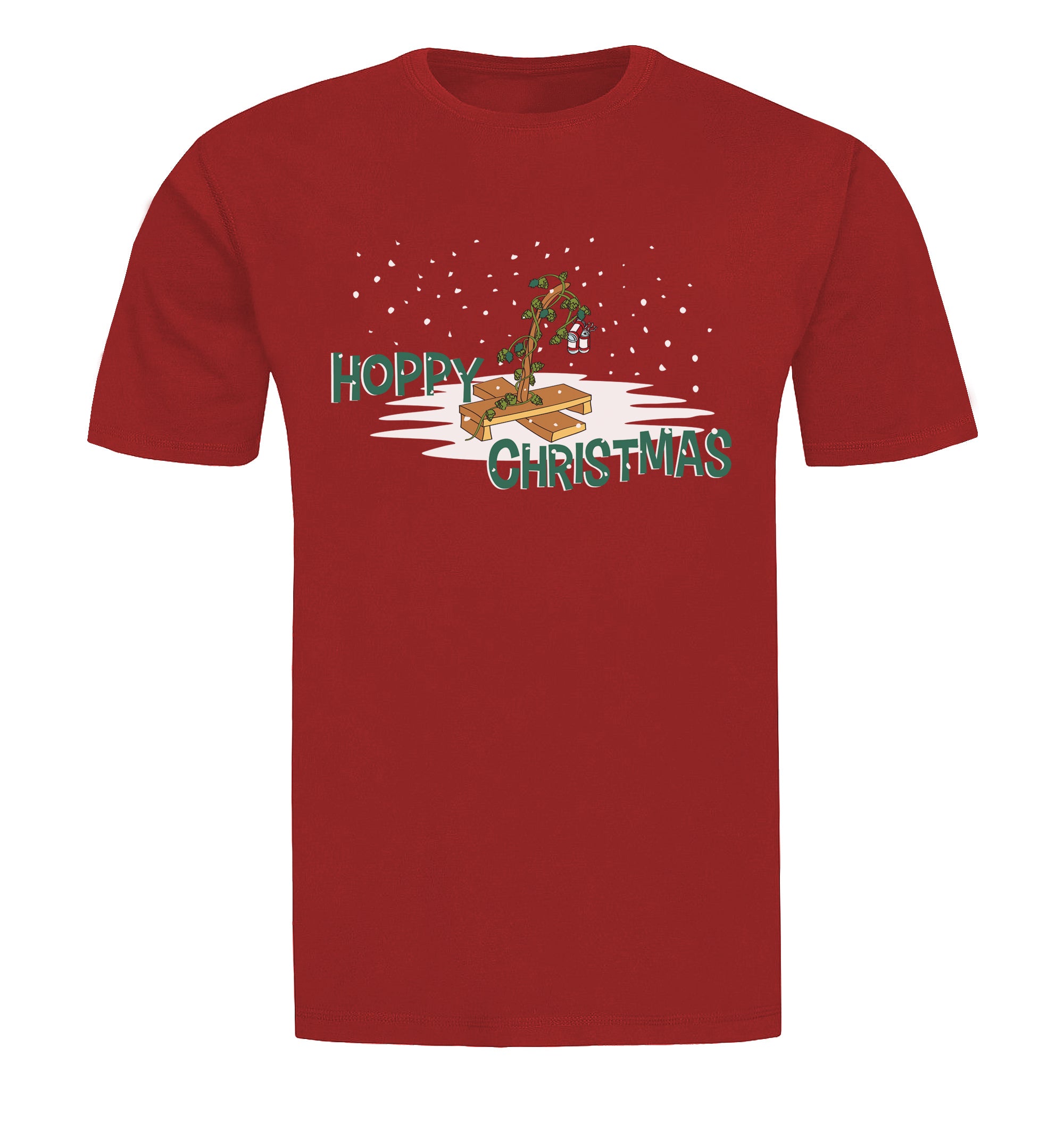 Festive craft beer tee with Charlie Brown–style hop vine design in snow