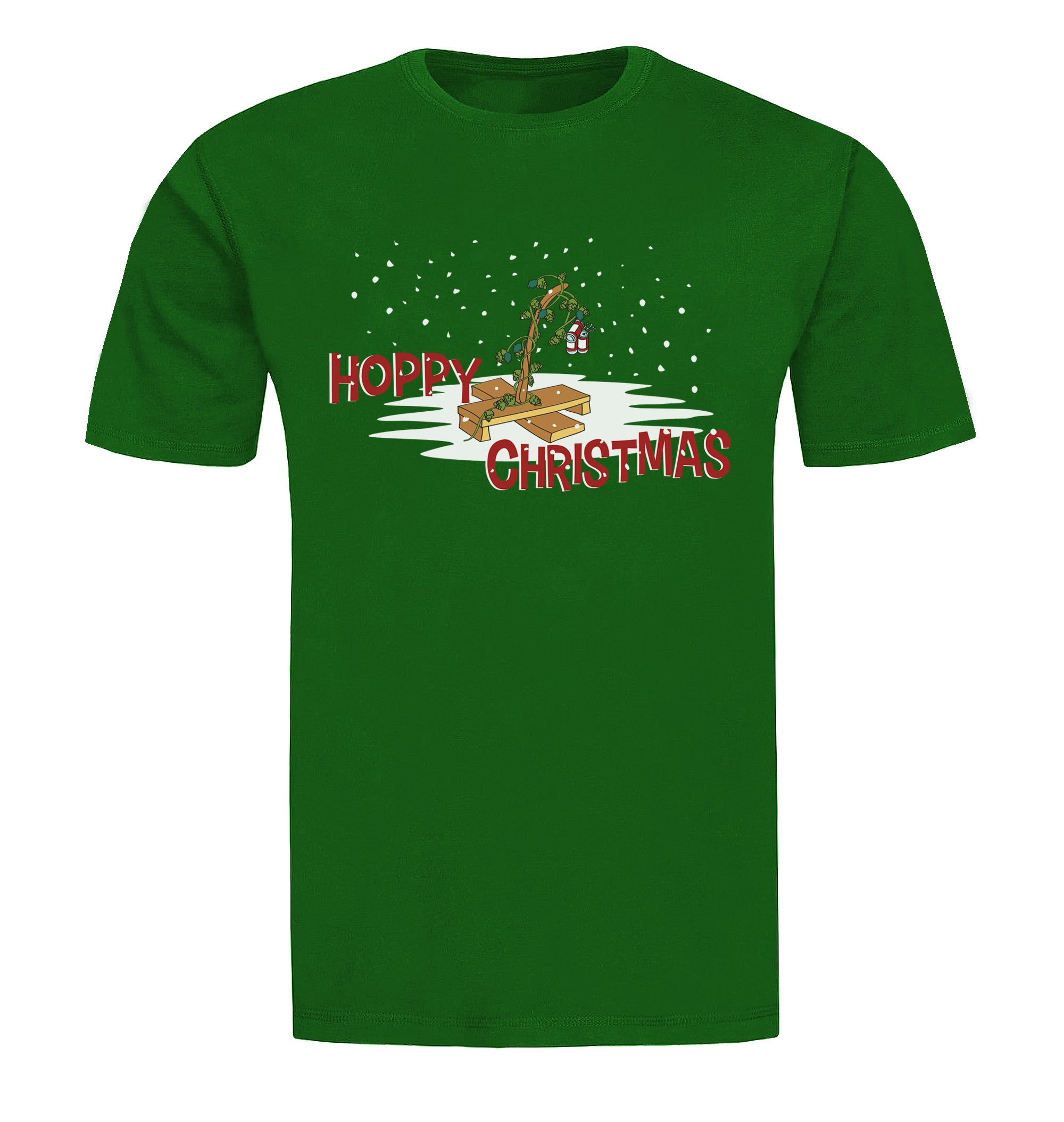Holiday red or evergreen green shirt depicting minimal hop tree with beer ornaments