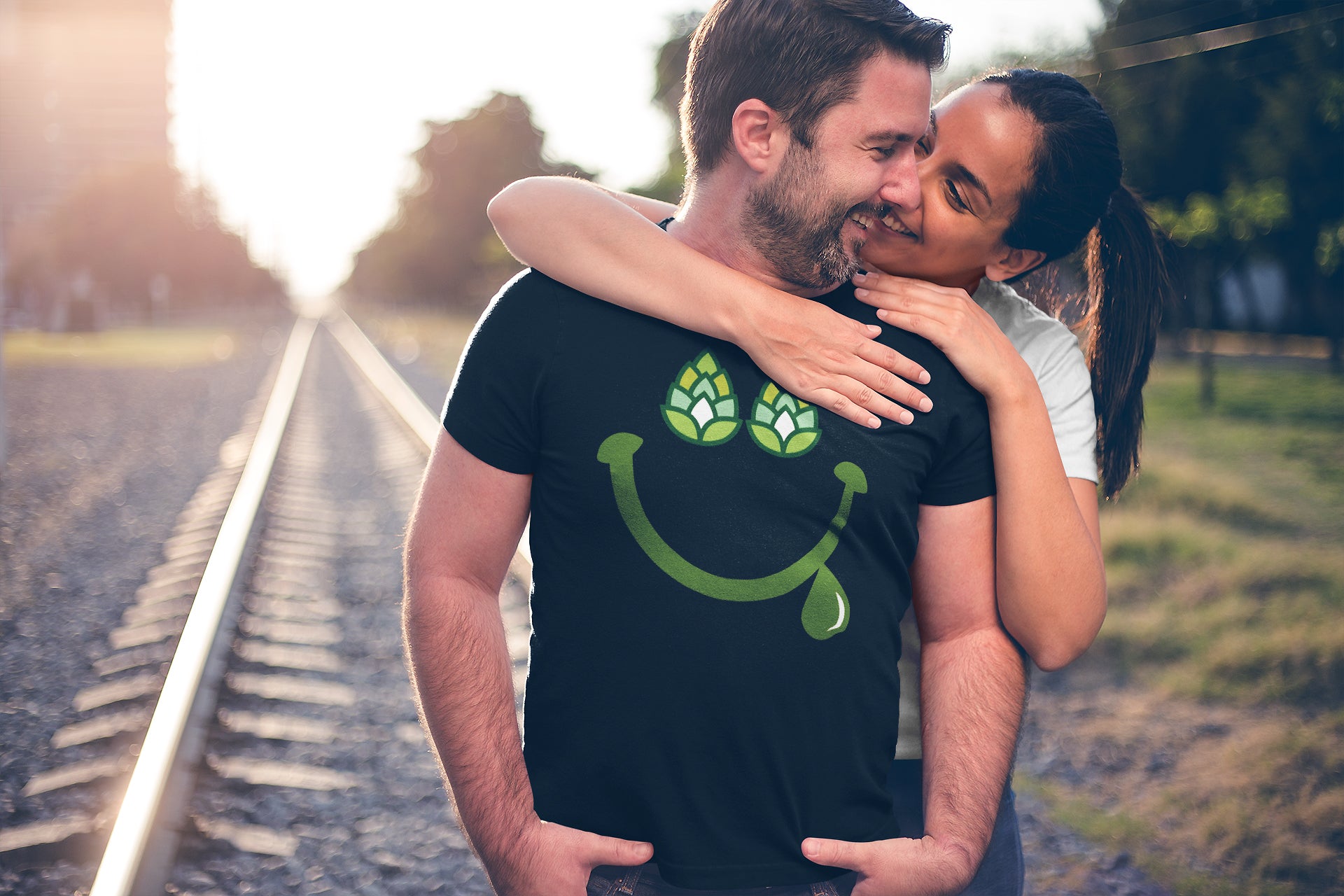 Happy hop smile graphic on black craft beer t-shirt