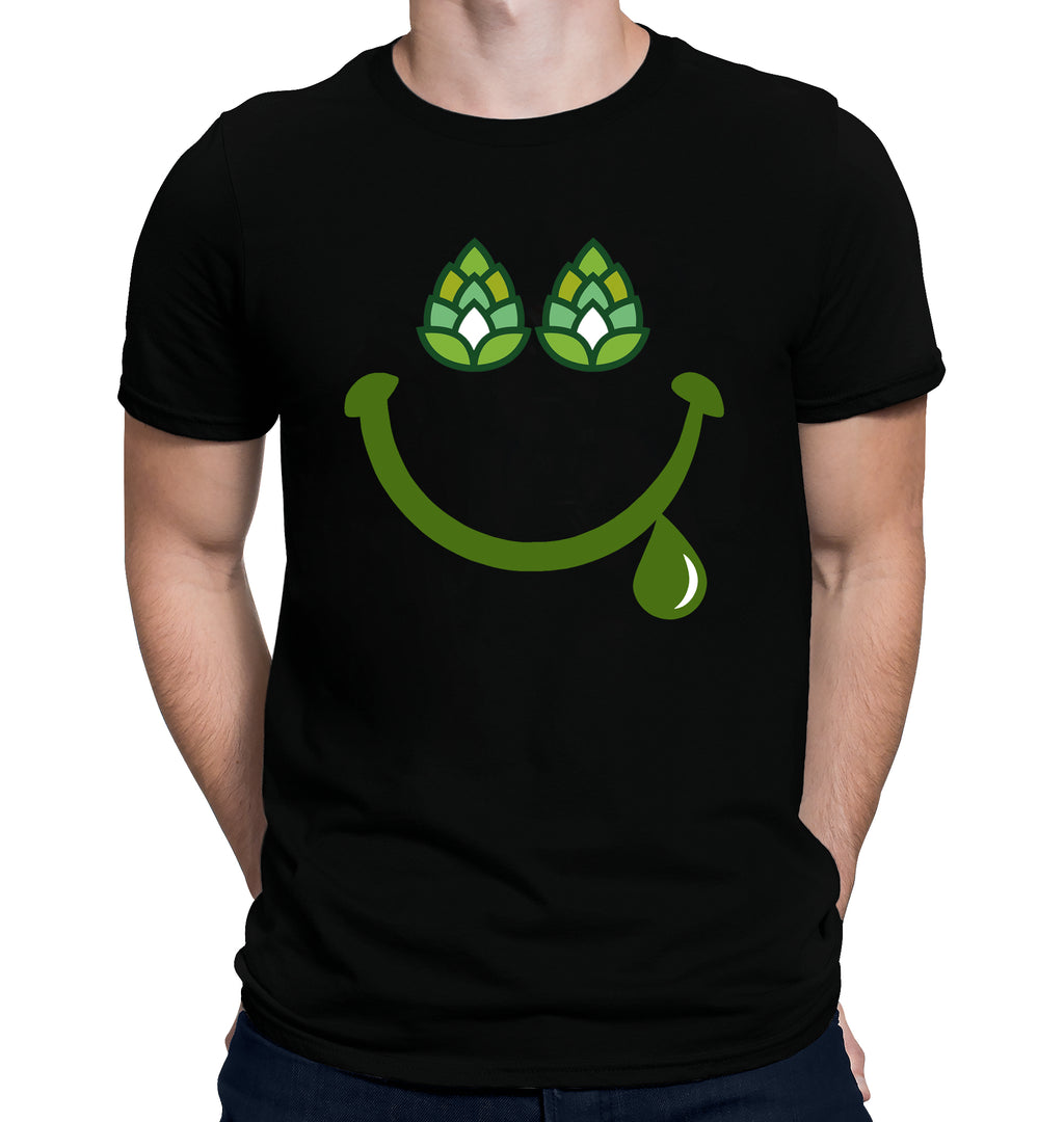 Black t-shirt with smiley face made from hop cones and a dripping green grin
