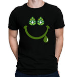 Black t-shirt with smiley face made from hop cones and a dripping green grin