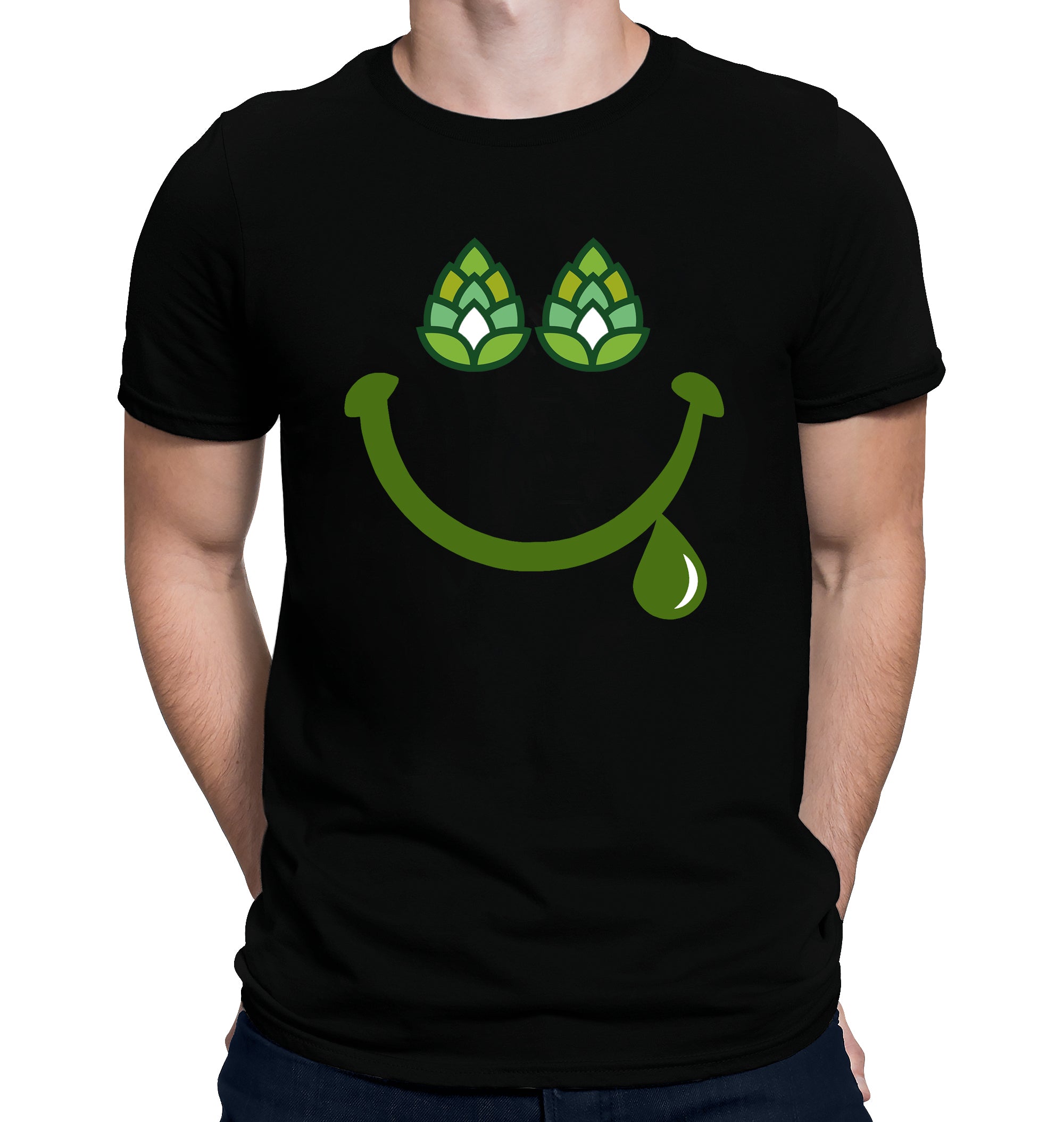 Black t-shirt with smiley face made from hop cones and a dripping green grin