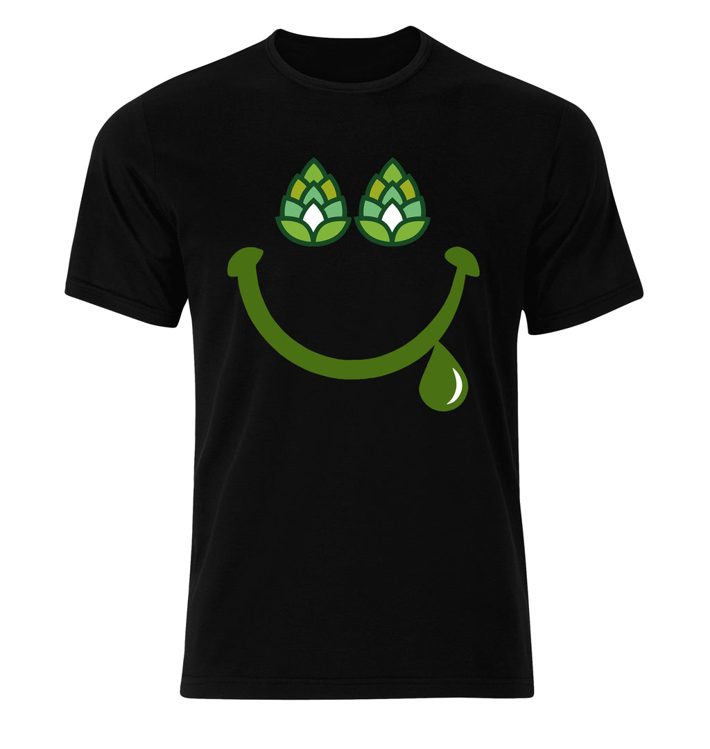 Hoppy Happy Smile Beer T-Shirt featuring hop-cone eyes on black cotton