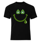 Hoppy Happy Smile Beer T-Shirt featuring hop-cone eyes on black cotton