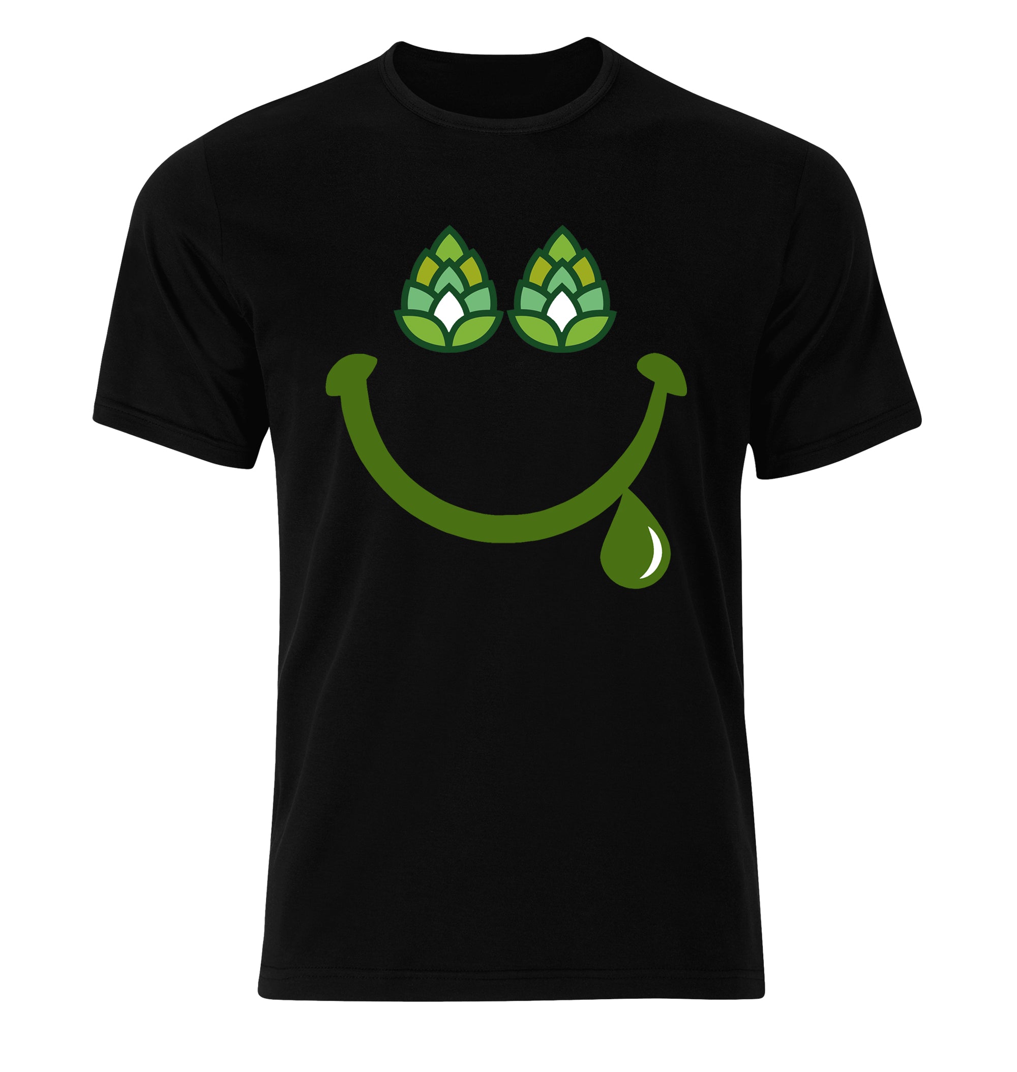 Hoppy Happy Smile Beer T-Shirt featuring hop-cone eyes on black cotton