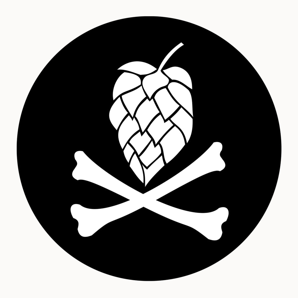 Round black beer coaster with white hop-cone skull and crossed bones graphic