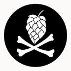 Round black beer coaster with white hop-cone skull and crossed bones graphic