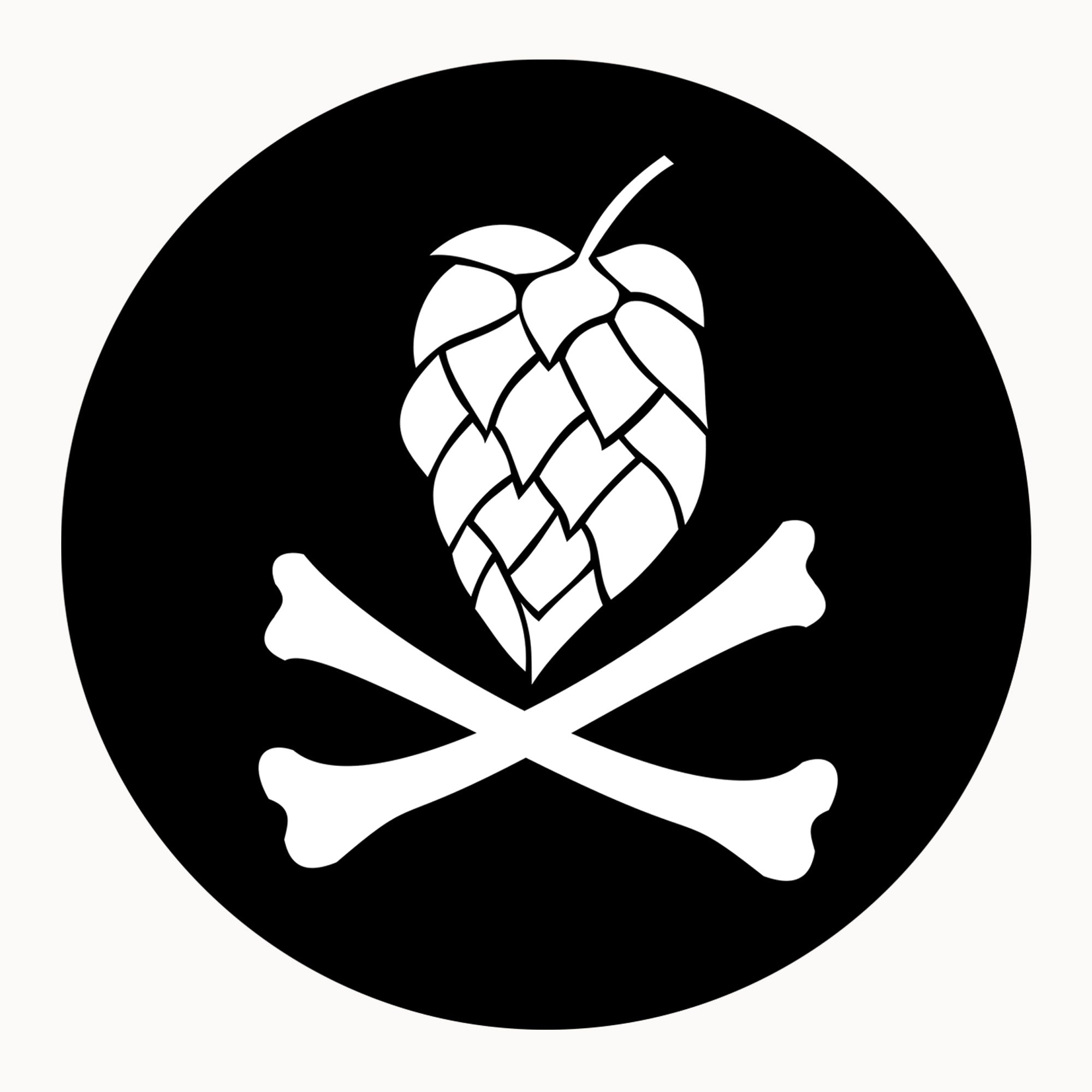 Round black beer coaster with white hop-cone skull and crossed bones graphic