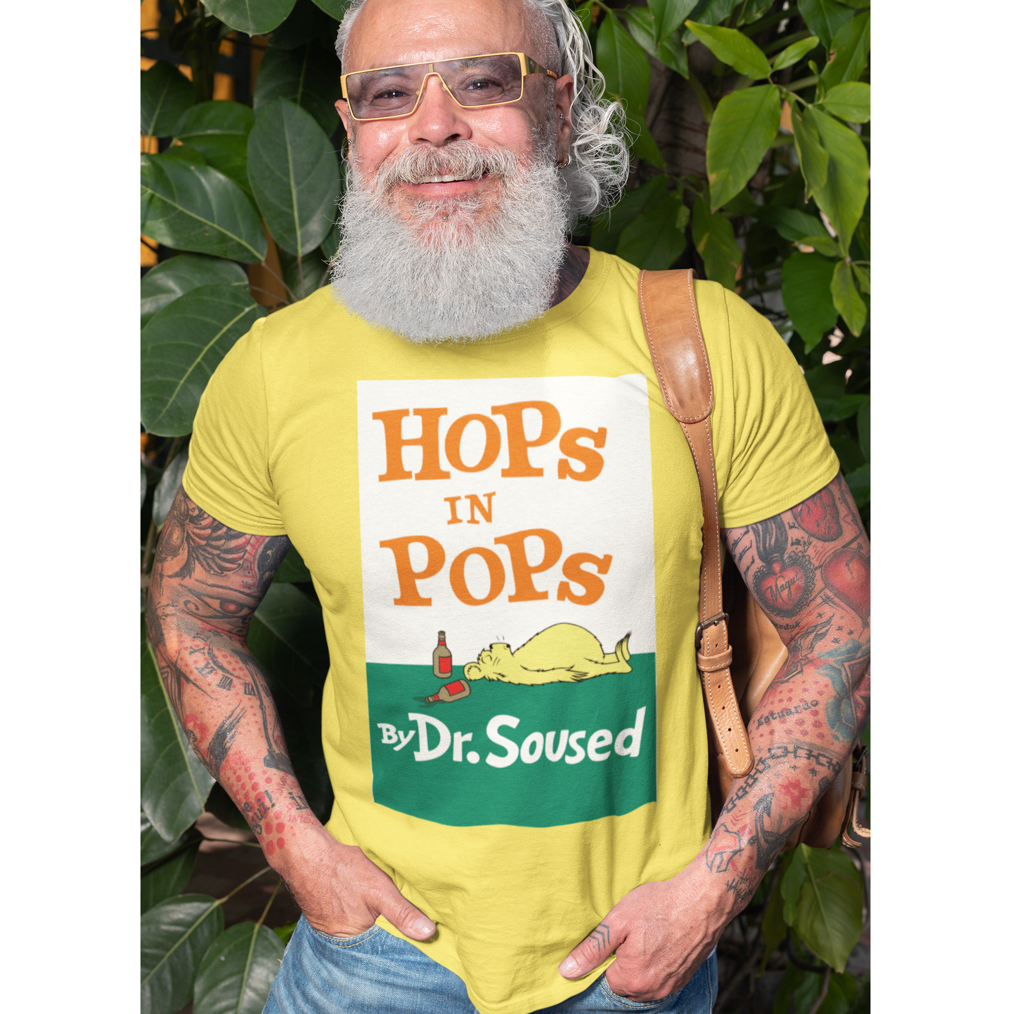 Hops in Pops tee in white with playful hop characters