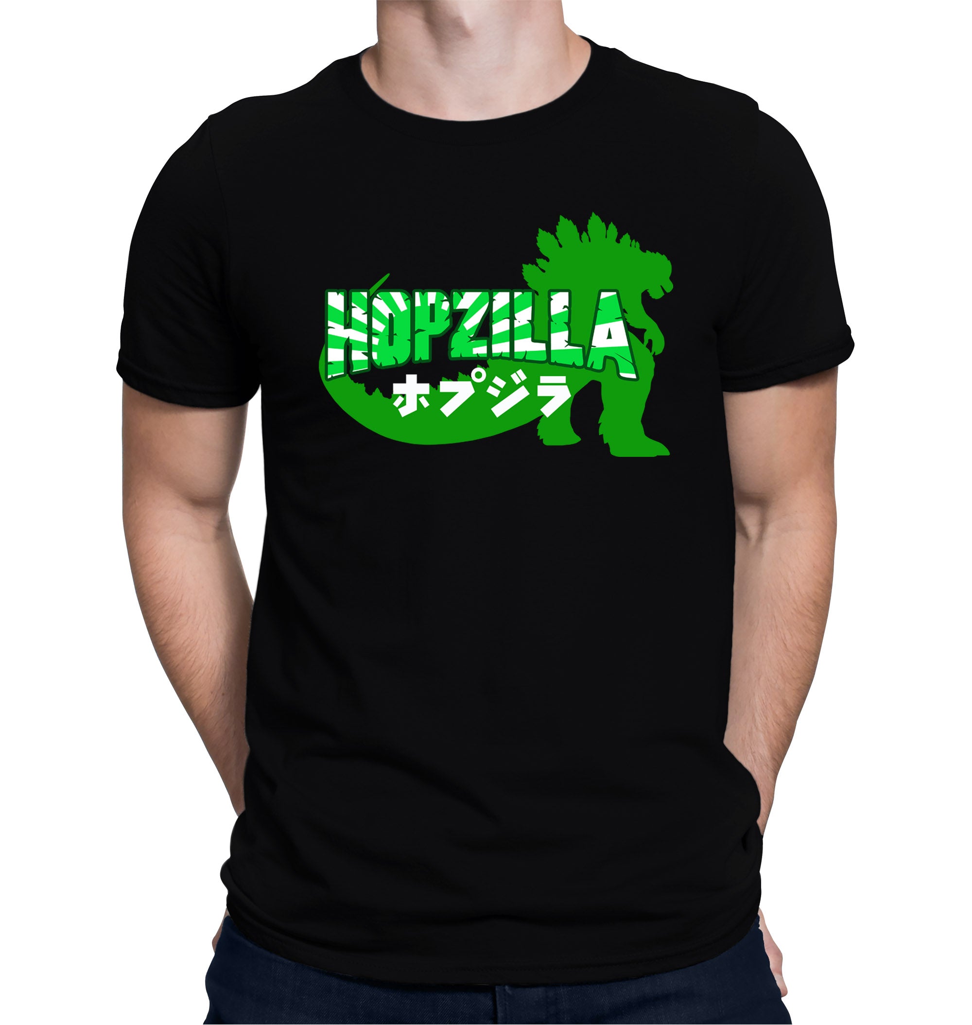 Black tee with hop monster demolishing buildings