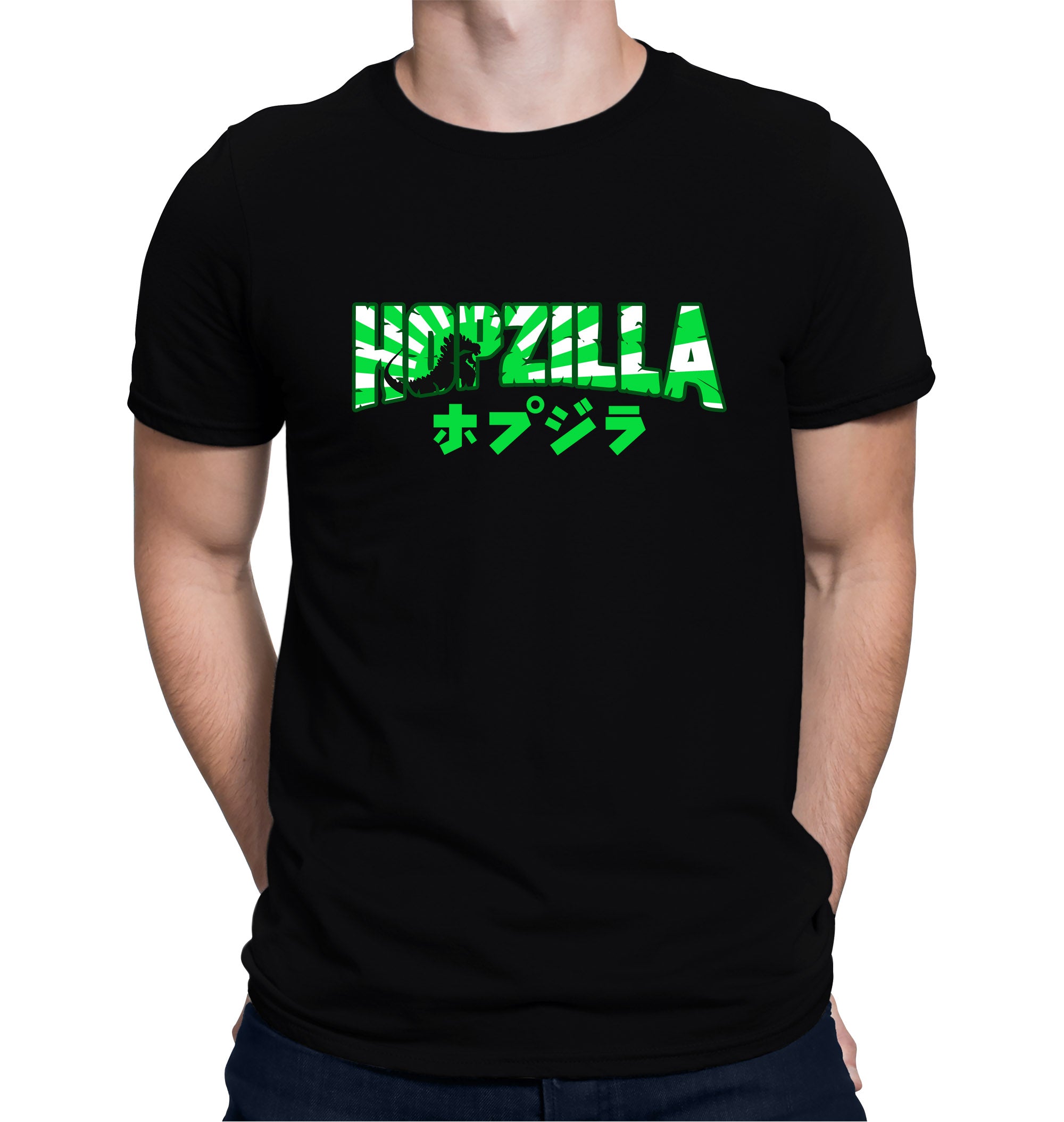 Black tee with giant hopzilla monster holding a beer