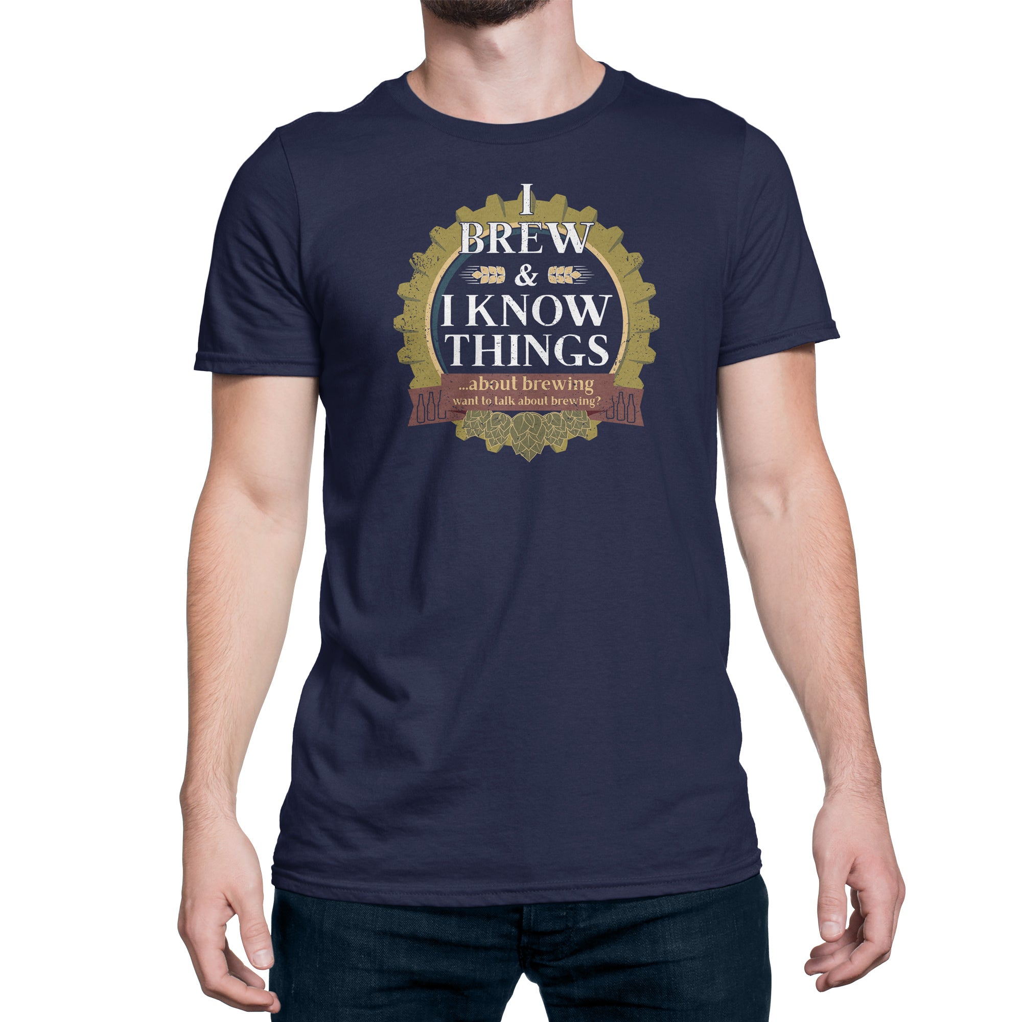 Blue homebrewing t-shirt with I Brew and I Know Things quote