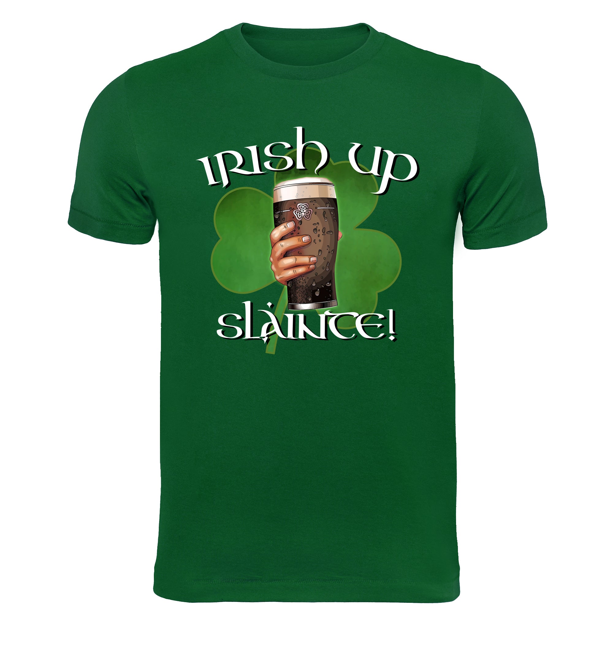Soft cotton tee with clinking pints and festive shamrock design