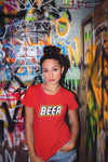 Red Beer Brick T-Shirt on Female Action Shot