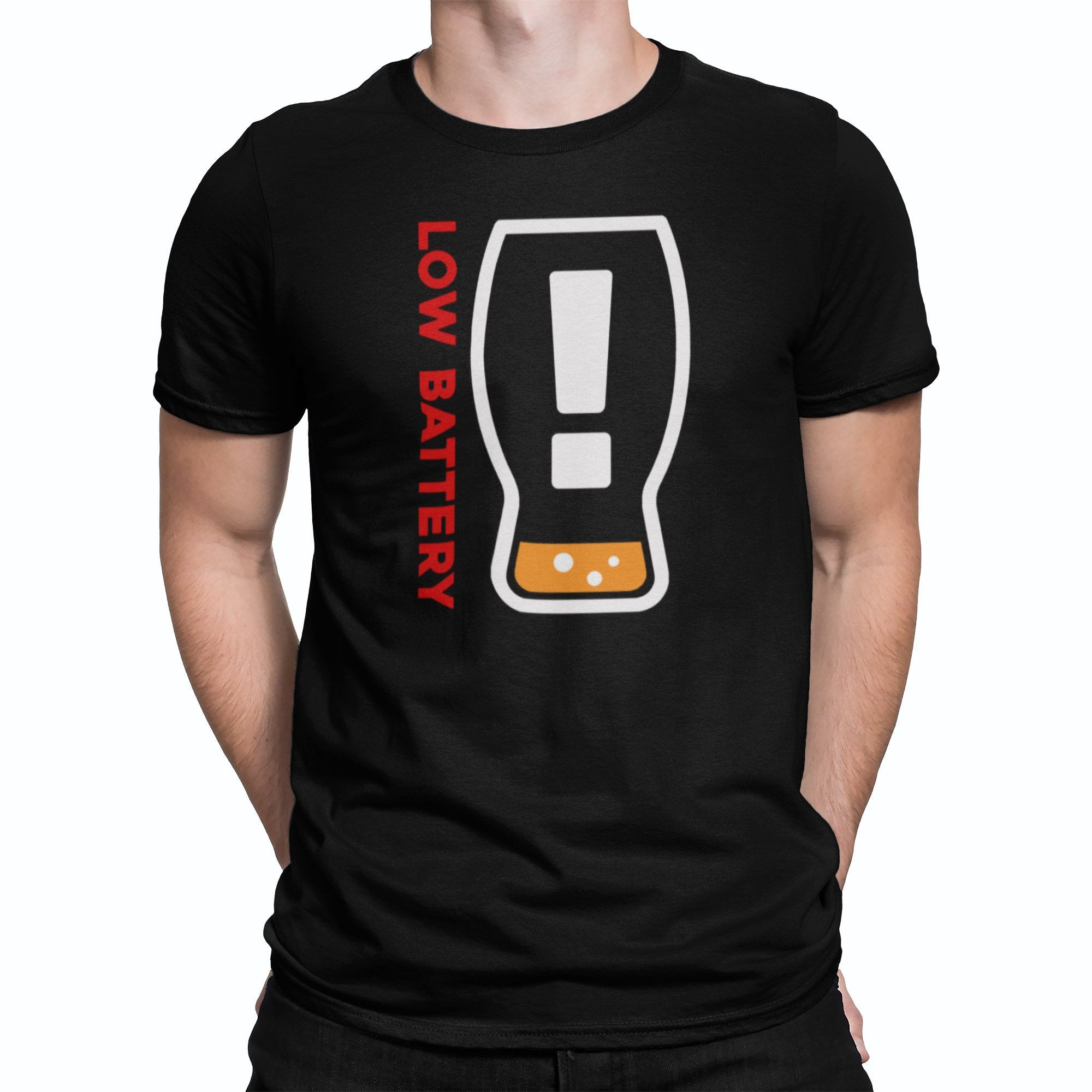 Black t-shirt with low battery icon and Need a Refill text