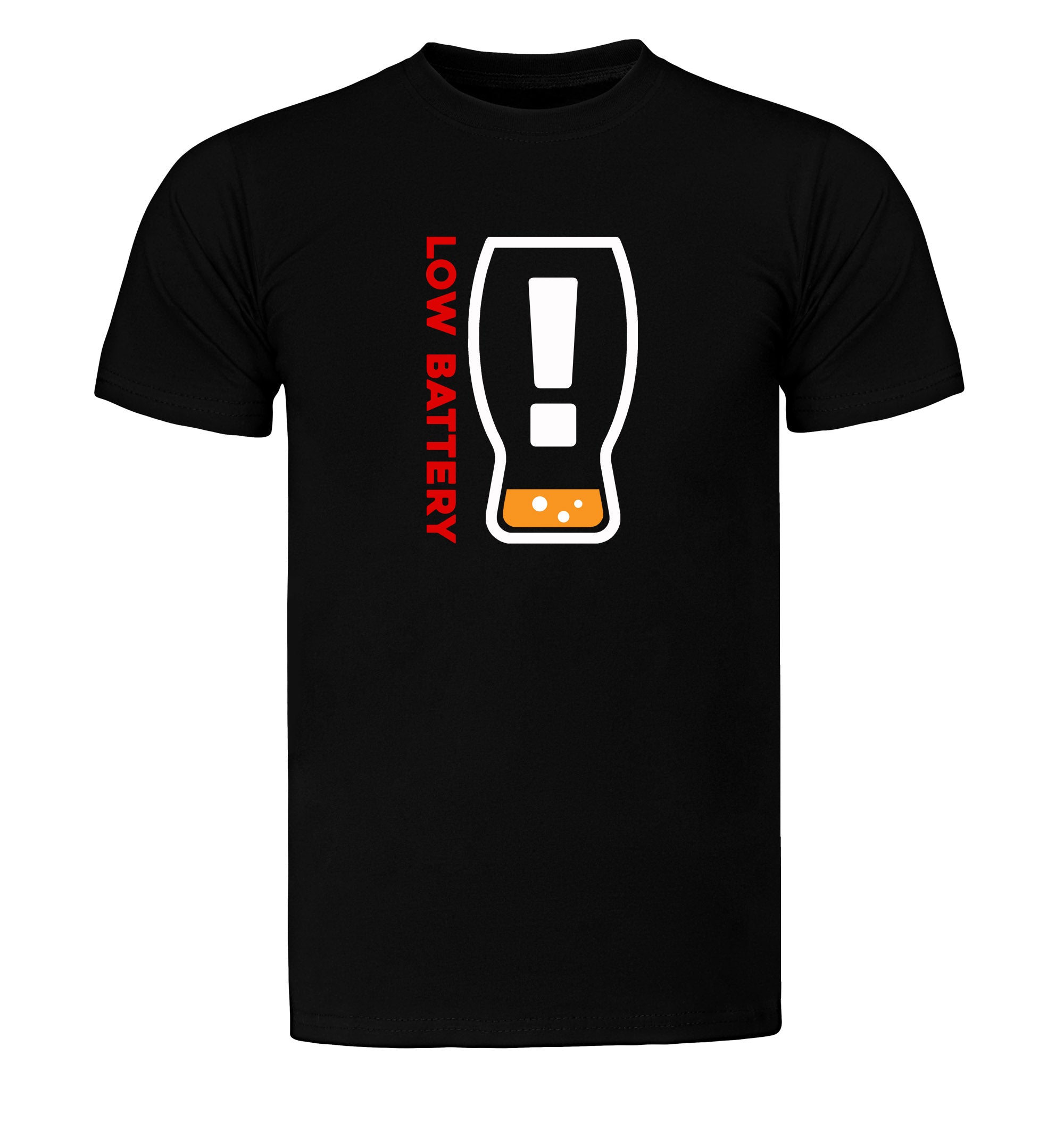 Unisex shirt featuring pixel battery graphic and beer slogan