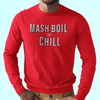 Red long-sleeve t-shirt with Mash, Boil & Chill text across chest