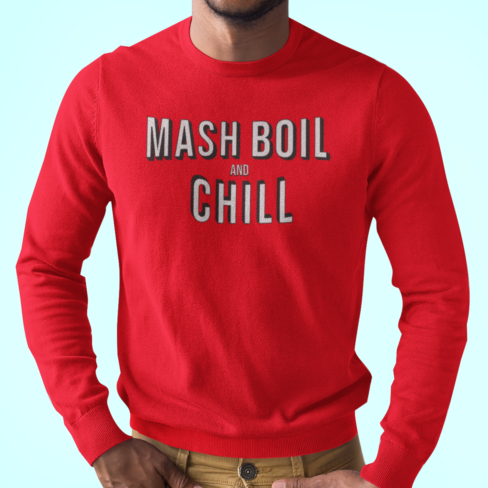 Red long-sleeve t-shirt with Mash, Boil & Chill text across chest